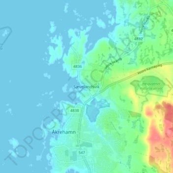 Topografische kaart Sævelandsvik, hoogte, reliëf