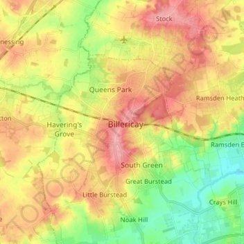 Topografische kaart Billericay, hoogte, reliëf