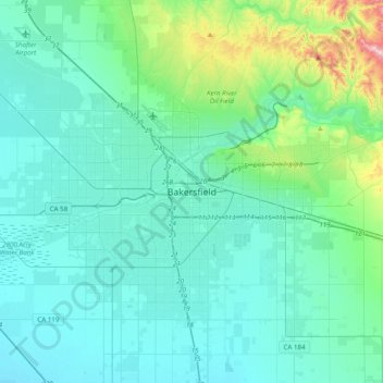 Topografische kaart Bakersfield, hoogte, reliëf