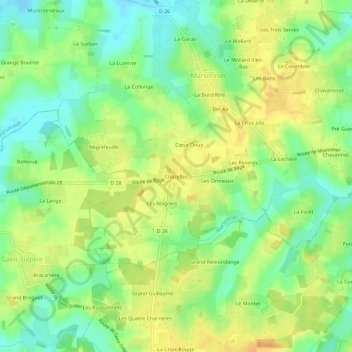 Topografische kaart Chazelles, hoogte, reliëf