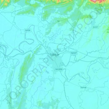 Topografische kaart Silchar, hoogte, reliëf