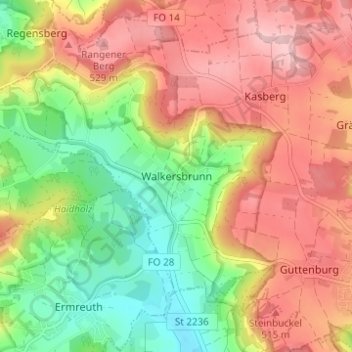 Topografische kaart Walkersbrunn, hoogte, reliëf