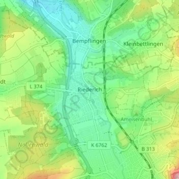 Topografische kaart Riederich, hoogte, reliëf