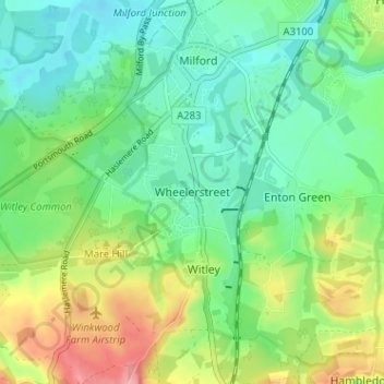 Topografische kaart Wheelerstreet, hoogte, reliëf
