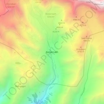 Topografische kaart Kedarnath, hoogte, reliëf
