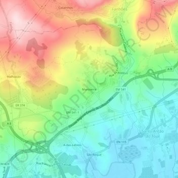 Topografische kaart Manjoeira, hoogte, reliëf