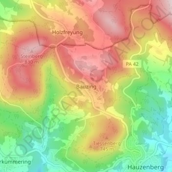 Topografische kaart Bauzing, hoogte, reliëf