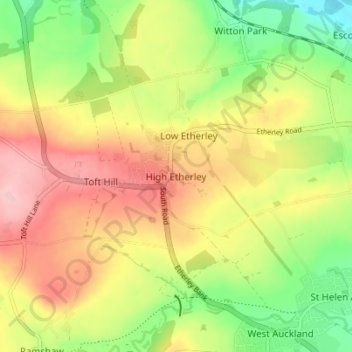 Topografische kaart High Etherley, hoogte, reliëf