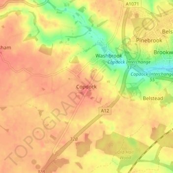 Topografische kaart Copdock, hoogte, reliëf