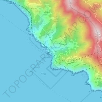 Topografische kaart Riomaggiore, hoogte, reliëf