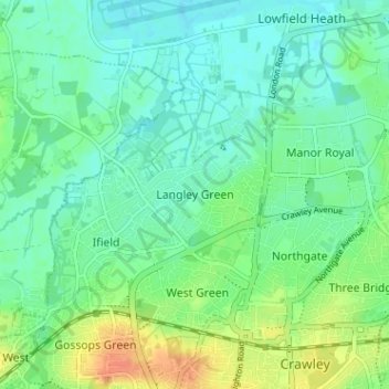 Topografische kaart Langley Green, hoogte, reliëf