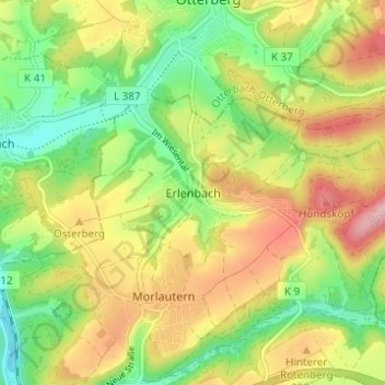 Topografische kaart Erlenbach, hoogte, reliëf