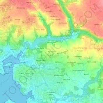 Topografische kaart Kerandon, hoogte, reliëf
