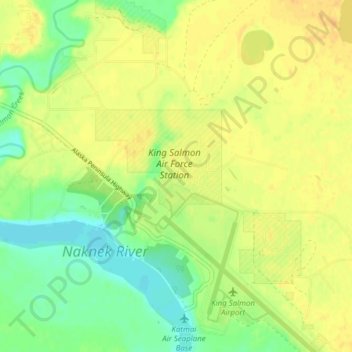 Topografische kaart King Salmon, hoogte, reliëf