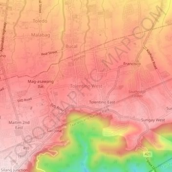 Topografische kaart Tolentino West, hoogte, reliëf