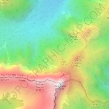 Topografische kaart Col Visentin, hoogte, reliëf
