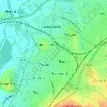 Topografische kaart Kings Barton, hoogte, reliëf