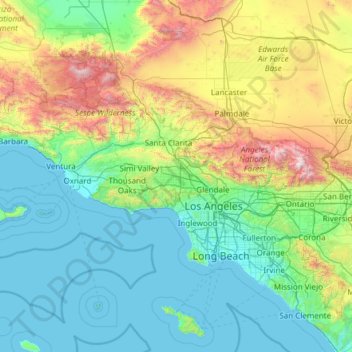 Topografische kaart San Fernando Valley, hoogte, reliëf