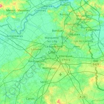 Topografische kaart Lille, hoogte, reliëf