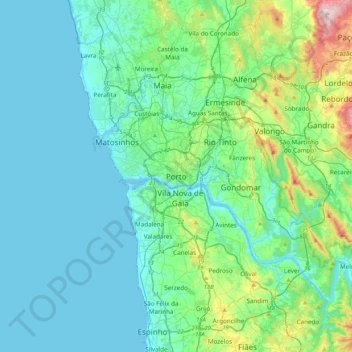 Topografische kaart Porto, hoogte, reliëf