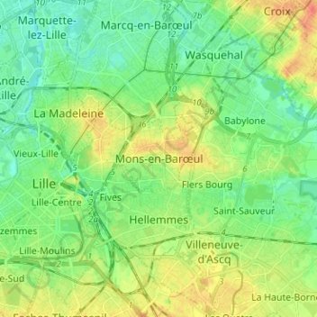 Topografische kaart Mons-en-Barœul, hoogte, reliëf