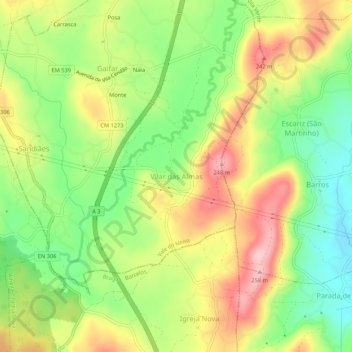 Topografische kaart Vilar das Almas, hoogte, reliëf