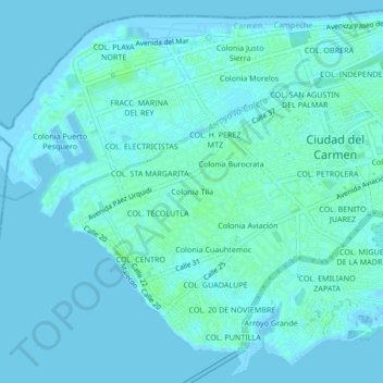 Topografische kaart Colonia Tila, hoogte, reliëf