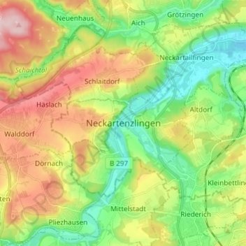 Topografische kaart Neckartenzlingen, hoogte, reliëf