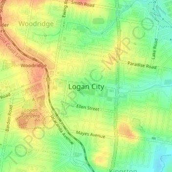 Topografische kaart Logan City, hoogte, reliëf