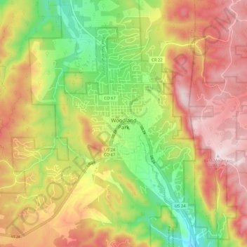Topografische kaart Woodland Park, hoogte, reliëf