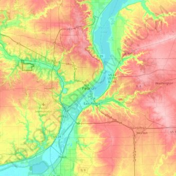 Topografische kaart Peoria, hoogte, reliëf