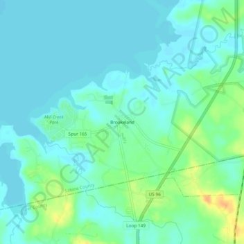 Topografische kaart Brookeland, hoogte, reliëf