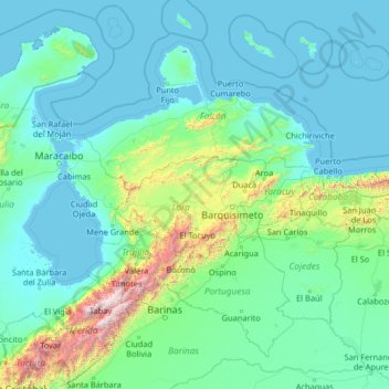 Topografische kaart Lara, hoogte, reliëf