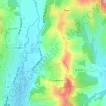 Topografische kaart Bas Murat, hoogte, reliëf