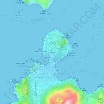 Topografische kaart Vulcanello, hoogte, reliëf