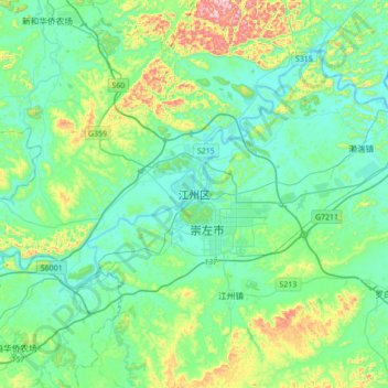 Topografische kaart Jiangzhou, hoogte, reliëf