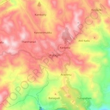Topografische kaart Kotagiri, hoogte, reliëf