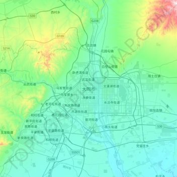 Topografische kaart Datong, hoogte, reliëf