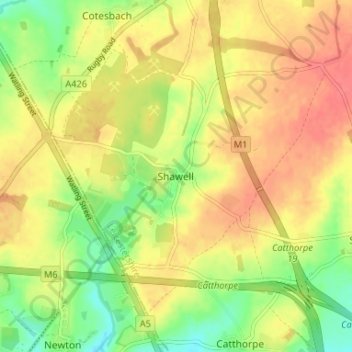 Topografische kaart Shawell, hoogte, reliëf