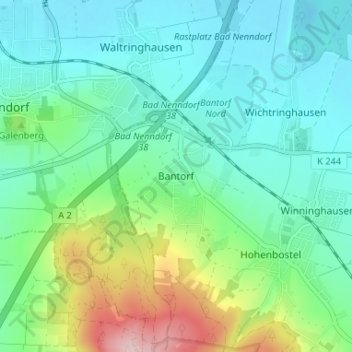 Topografische kaart Bantorf, hoogte, reliëf