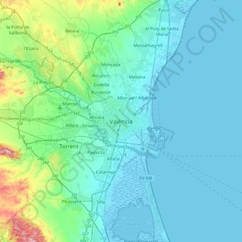 Topografische kaart Valencia, hoogte, reliëf