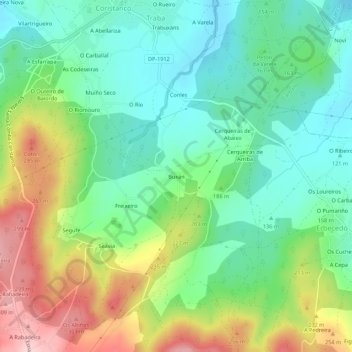 Topografische kaart Buxán, hoogte, reliëf