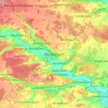 Topografische kaart Windsbach, hoogte, reliëf
