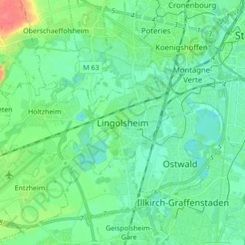 Topografische kaart Lingolsheim, hoogte, reliëf