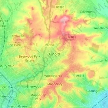 Topografische kaart Arnold, hoogte, reliëf