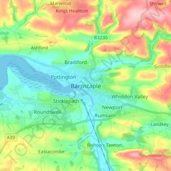 Topografische kaart Barnstaple, hoogte, reliëf