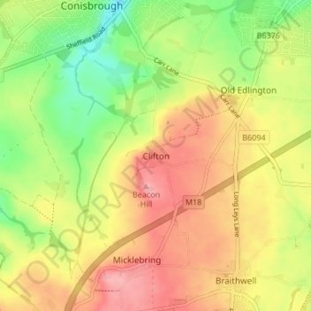 Topografische kaart Clifton, hoogte, reliëf