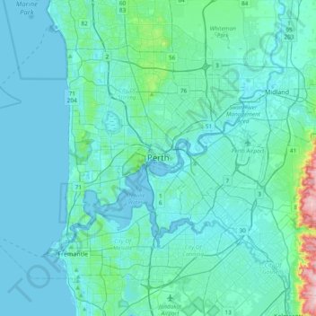 Topografische kaart Perth, hoogte, reliëf
