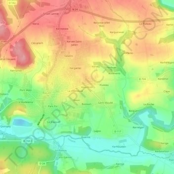 Topografische kaart Kerentréh, hoogte, reliëf