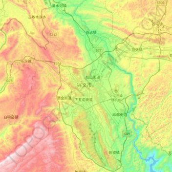 Topografische kaart Xingyi, hoogte, reliëf